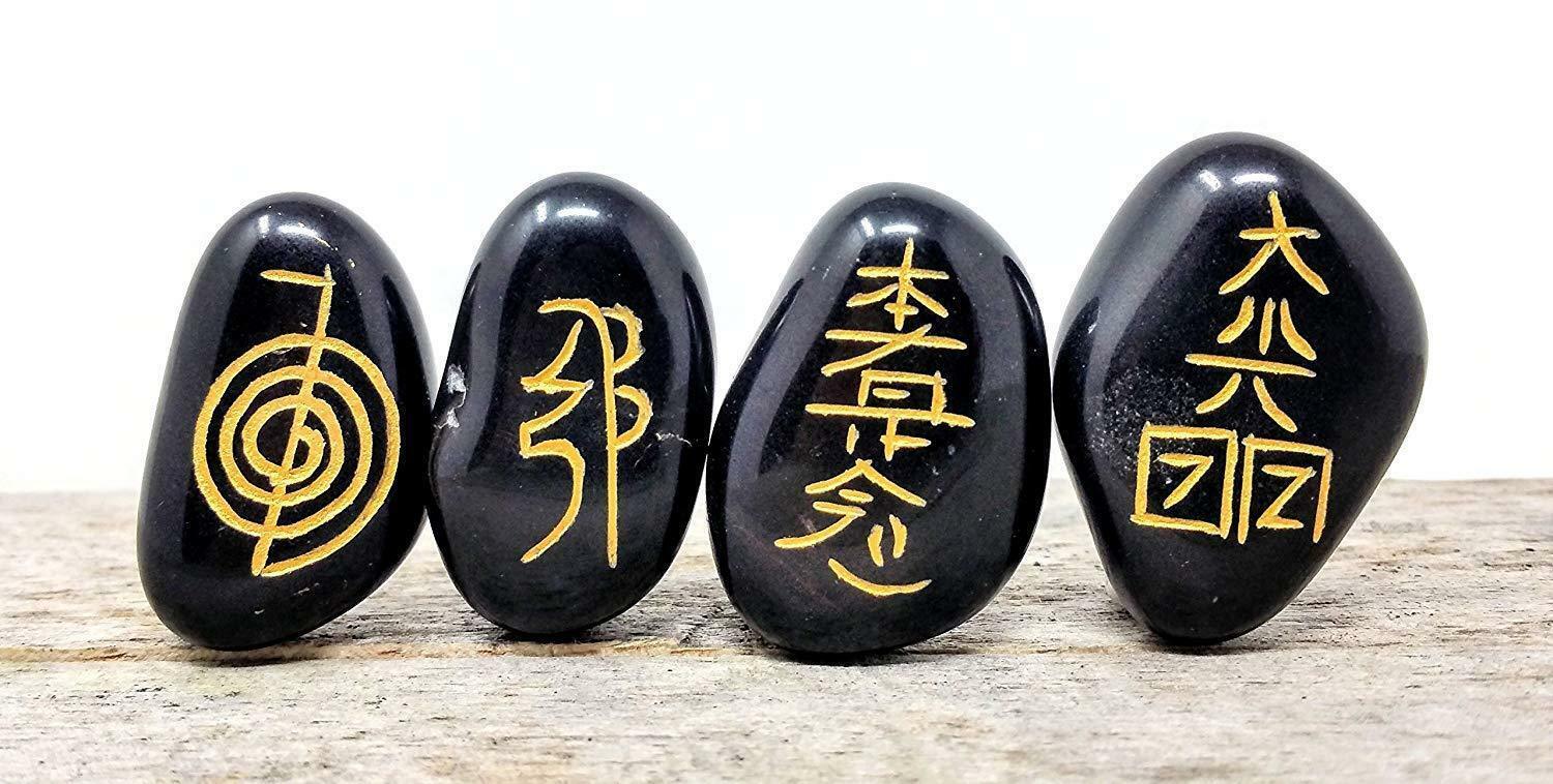 Engraved Usui Reiki Stones - Set of 4. Includes a Carry Pouch